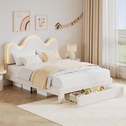 IDEALHOUSE Full Bed Frame with LED Headboard and Under-Bed Drawer, Metal Upholstered Platform Bed with LED Light for Kids, Girls, Lamb Fleece Fabric, Wooden Slats Support, No Box Spring Needed, White