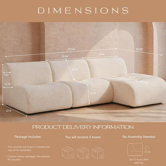 Curved Sectional Modular Couch with Chaise, Modern 106.3'' Boneless Sofa with Deep Seat, Sherpa Boucle Cloud Couch for Living Room, Cozy Teddy L-Shaped Couches，No Assembly, White