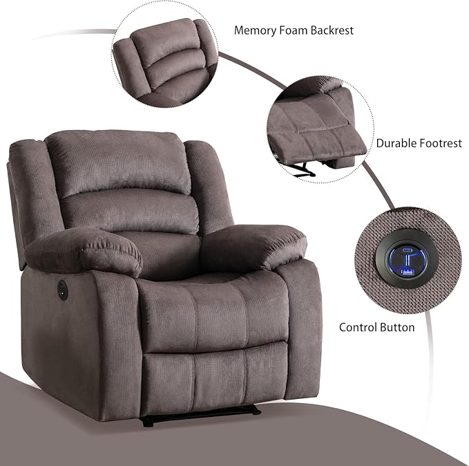 EBELLO Classic Power Recliner Chair, Oversized Electric Overstuffed Reclining Chair with Thick Cushion and Back,Single Sofa with Comfortable Armchair, Brown, 2Pcs