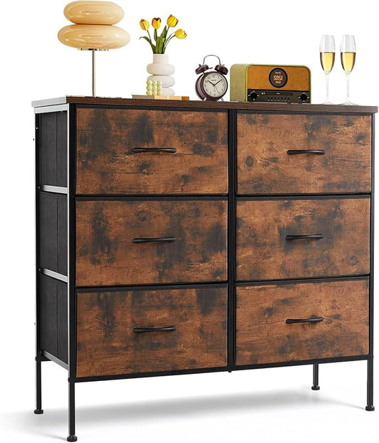 6-Drawer Dresser for Bedroom, Anti-Tip Wide Storage Organizer Chest of Drawers with Wooden Top and Metal Frame Fabric Bins for Closet, Living Room, Hallway, Entryway, Brown