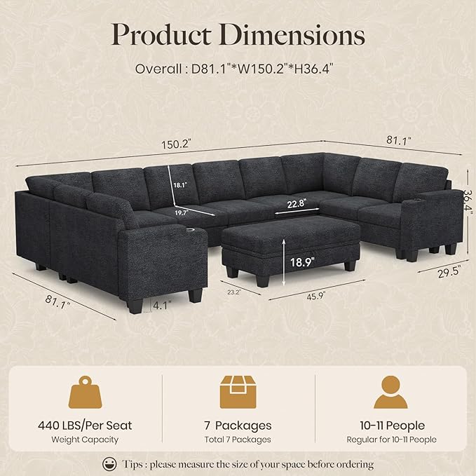 Belffin Oversized U Shaped Modular Sectional Couches for Living Room 10 Seater Modular Sofa Set with Storage Ottoman Large Sectional Couch with Cup Holder. Dark Grey Sofa