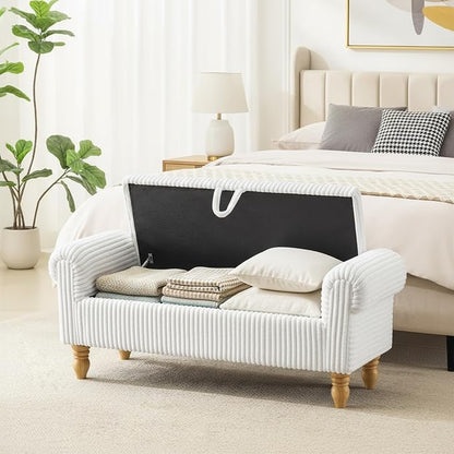 55" Bench for End of Bed Storage Benches, Queen End of Bed Bench Corduroy Upholstered Storage Ottoman Window Bench with Storage, for Bedroom, Entryway, Closet, White
