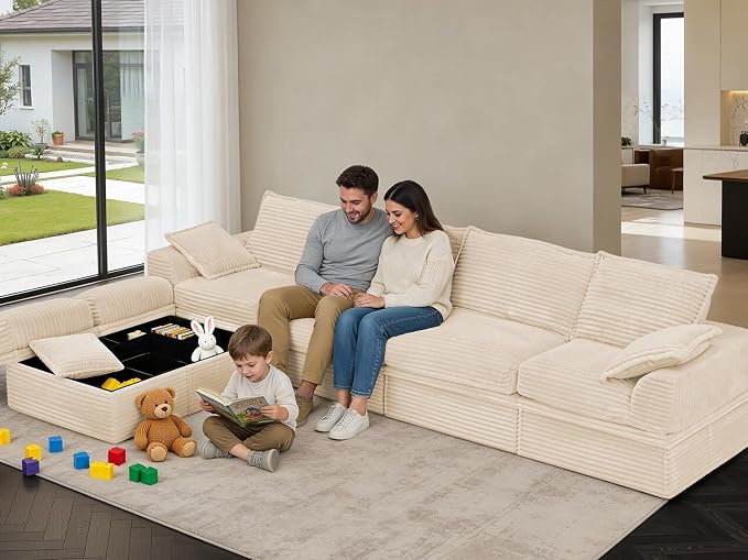 Upgrade Boneless Couch with Storage, Extra Deep&High Seat Modular Sectional Sofa 4 Seater U Shaped Cloud Couch with Ottoman, Tool-Free Assembly Sectional Couches for Living Room