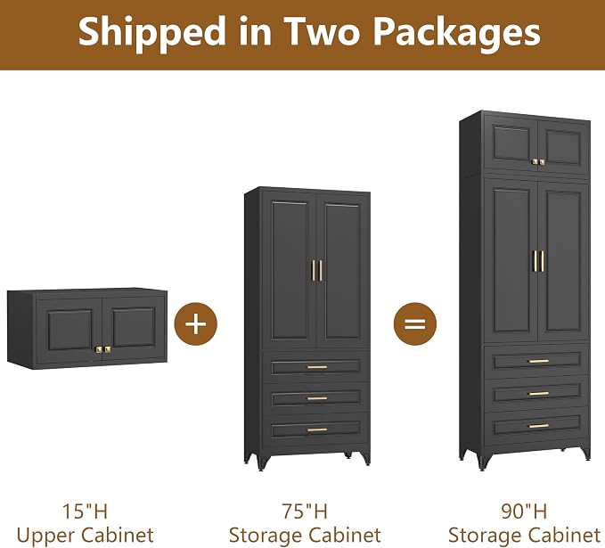 Polup Kitchen Pantry Cabinet, 90" Tall Cabinet with Three Drawers, Metal Food Pantry Cabinet and Shelves, Freestanding Cupboards for Dining, Living Room, Black,16" D x 32" W x 90" H, Assembly Required