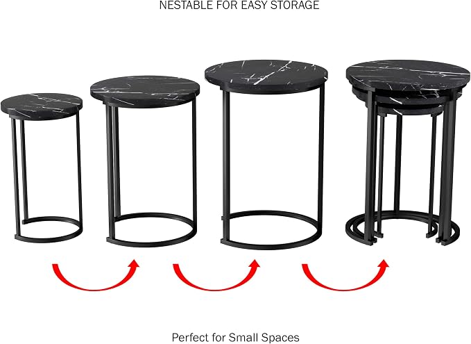 Lavish Home Nesting Tables - Set of 3 Round Side Tables for Living Room, Bedroom, or Home Office - Faux Marble End Table Set - Modern Living Room Furniture (Black)
