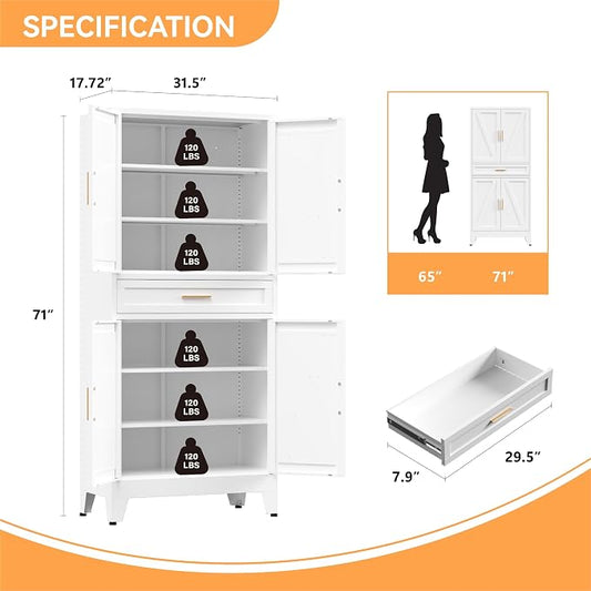 Metal Storage Cabinet with Drawer, 71" Tall Storage Cabinets with Adjustable Shelves, White Farmhouse Freestanding Kitchen Pantry Cabinet for Dining Room, Living Room