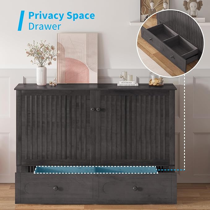 Mjkone Queen Murphy Bed Cabinet with Tri-Fold Mattress Included, Drawers, USB Charging Station, Modern Versatile Wood Chest Cabinet Wall Bed, Wooden Guest Beds for Bedroom Home Apartment, Dark Grey