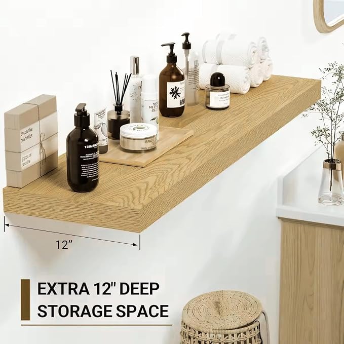 Vivelove 12 Inch Deep Floating Shelves 12 inch Long, Over Toilet Shelf with Invisible Brackets, Shelf for Bedroom Bathroom Living Room Kitchen Office, Rustic Farmhouse Decor, 12x12x1.5 Set of 2, Oak