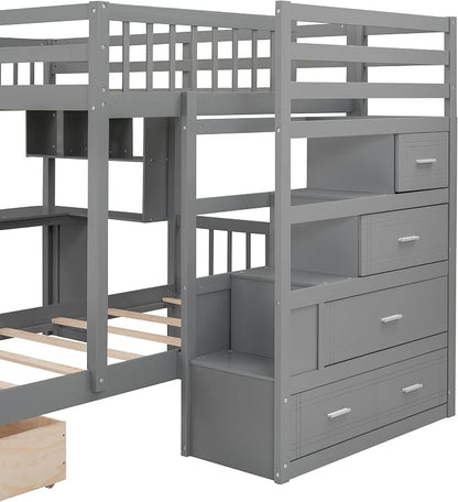 Merax Full Over Twin Bunk Bed with Desk,Drawers and Shelves,Full Size Loft Bed Frame with Stairs Storage and Drawers,Gray
