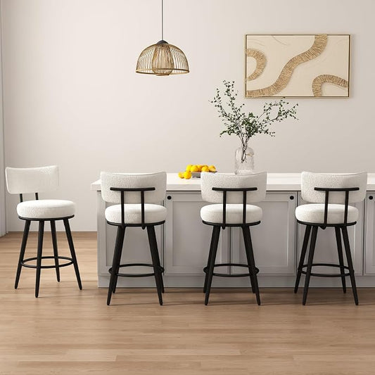 Bar Stools Set of 4, 26 Inches Modern Counter Stools with Metal Legs, Boucle Barstools with Backs, Bar Chairs for Kitchen Island, Upholstered Fabric White 2501