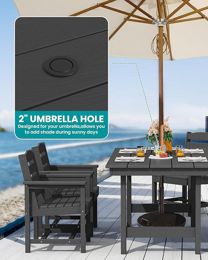 SERWALL 8-Piece Patio Dining Sets with 15FT Double Side Patio Umbrella, Outdoor HDPE Dining Furniture Set with Umbrella Hole Cut-Out Table and 6 Chairs, Black（Umbrella Base not Included）