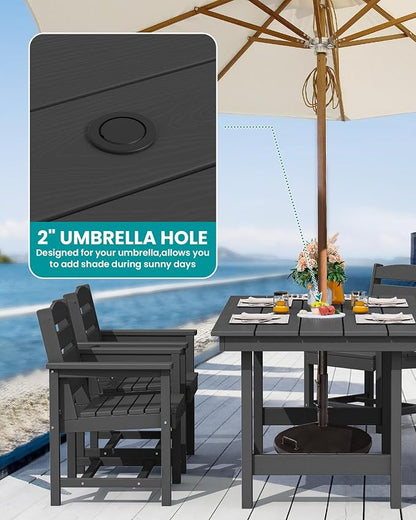 SERWALL Patio Dining Table Sets 5-Piece, Outdoor HDPE Dining Furniture Set with Umbrella Hole Cut-Out Table and 4 Chairs, All Weather Dining Set for Lawn, Garden, Backyard, Poolside, Black