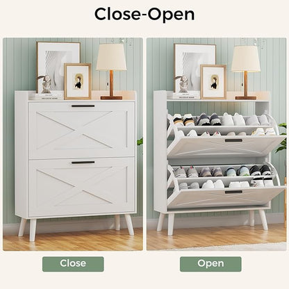 Homleke Farmhouse Shoe Storage Cabinet with Flip Drawers & Barn Door Design | Slim Narrow Shoe Rack Cabinet with Adjustable Shelves & Hidden Storage for Entryway, Foyer, Hallway, Living Room, White