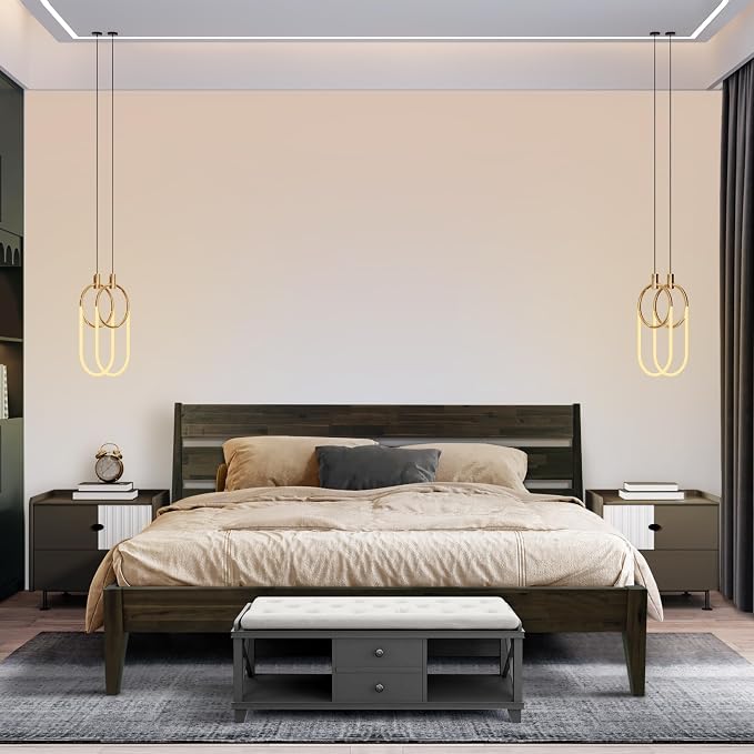 Acacia Emery Bed Frame with Headboard Solid Wood Platform Bed, King Size Bed Frame, Mid - Century Modern Wood Bed Compatible with All Mattresses, Easy Assembly, Non-Slip (Mocha, King)