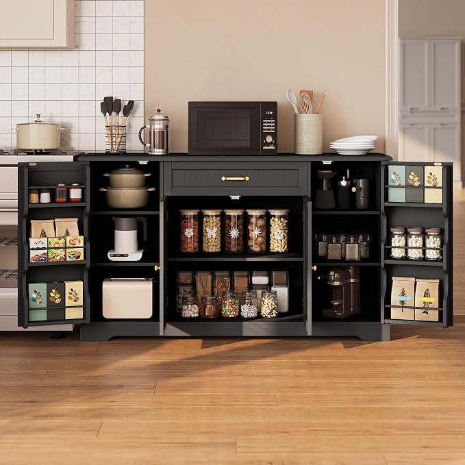 Gizoon 56" Kitchen Coffee Bar Cabinet with Storage Kitchen Sideboard Buffet Cabinet with Drawers, Short Pantry with Door and Shelves for Bathroom and Living Room, Black