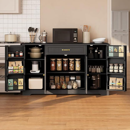 Gizoon 56" Kitchen Coffee Bar Cabinet with Storage Kitchen Sideboard Buffet Cabinet with Drawers, Short Pantry with Door and Shelves for Bathroom and Living Room, Black