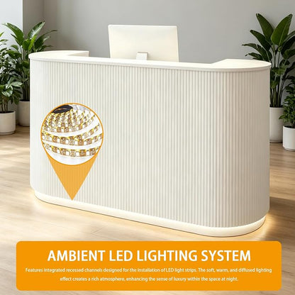 Modern Reception Desk Check Out Counter Front Desk for Spa Salon Office | Power Outlet Lockable Cabinet Keyboard Tray Privacy Panel Cable Grommet Open Storage Storage Cabinet
