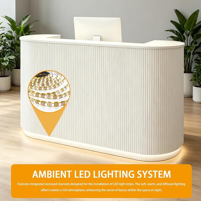 Modern Reception Desk Check Out Counter Front Desk for Spa Salon Office | Power Outlet Lockable Cabinet Keyboard Tray Privacy Panel Cable Grommet Open Storage Storage Cabinet