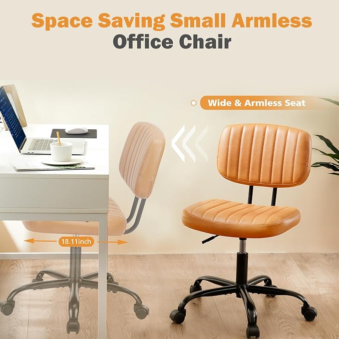 Sweetcrispy Small Office Desk Chair, Armless PU Leather with Comfy Lumbar Support, Height Adjustable Rolling Swivel Task for No Arms, for Adult, Student, Bedroom, Home, Vanity, Brown