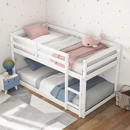 MAT EXPERT Bunk Bed Twin Over Twin, Low Wood Bunk Bed Frame w/Safety Guardrails, Ladder & Slats, Floor Platform Twin Bunk Beds for Kids Toddlers Teens, for Dorm Bedroom, No Box Spring Needed (White)