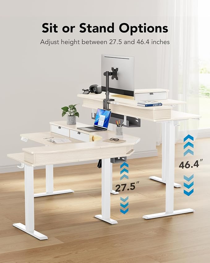 HUANUO 65″ L-Shaped Standing Desk with Power Outlets & LED Strip, Electric Height Adjustable Corner Computer Desk, Sit Stand Up Desk with 3 Drawers, Natural Wood