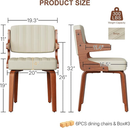 Dining Chairs Set of 6 with Hanging Armrest Beige | Set of 6 luxury chairs featuring exclusive hanging armrests and a premium walnut bentwood frame with elegant beige upholstery