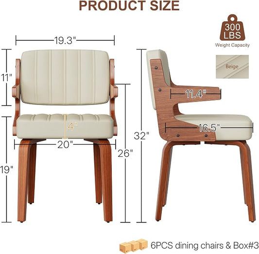 Dining Chairs Set of 6 with Hanging Armrest Beige | Set of 6 luxury chairs featuring exclusive hanging armrests and a premium walnut bentwood frame with elegant beige upholstery