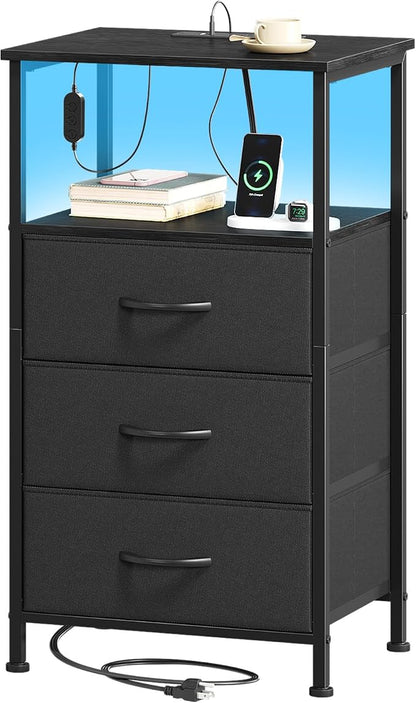 Somdot Black Nightstand with Charging Station and LED Light for Bedroom, Tall 3 Drawers Dresser with Fabric Bins for Bedside Kids Dorm Room Closet Laundry Entryway, Black
