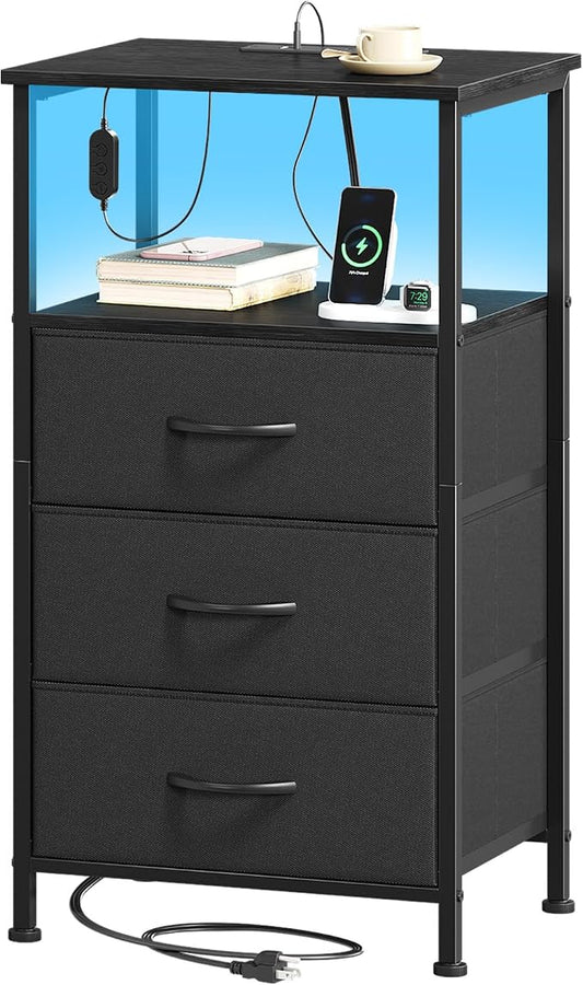 Somdot Black Nightstand with Charging Station and LED Light for Bedroom, Tall 3 Drawers Dresser with Fabric Bins for Bedside Kids Dorm Room Closet Laundry Entryway, Black