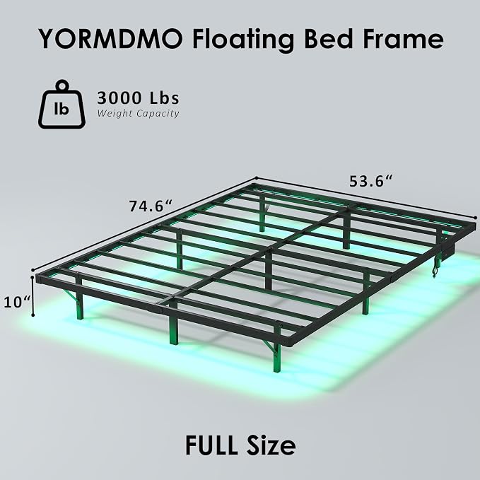 YORMDMO Floating Bed Frame Full Size, Heavy Duty Bedframe with Smart LED Lights & Charging Station, Modern Metal Platform Bed, Easy Assembly No Box Spring Needed, 10 Inch