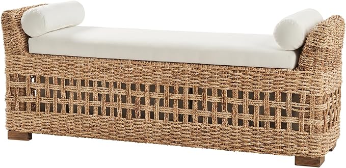 HULALA HOME 56" Rattan Storage Bench, Boho Wicker End of Bed Bench, Natural | Water Hyacinth Frame, Hollow-Carved Design, Armrests and Round Pillows, for Bedroom Entryway Living Room