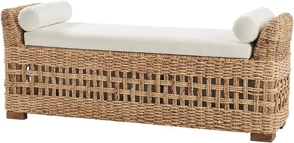 HULALA HOME 56" Rattan Storage Bench, Boho Wicker End of Bed Bench, Natural | Water Hyacinth Frame, Hollow-Carved Design, Armrests and Round Pillows, for Bedroom Entryway Living Room