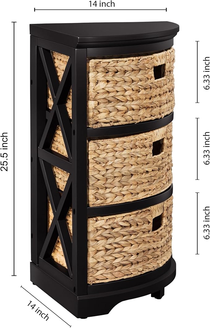 eHemco Hampton Meadows 3 Tier X-Side Corner Table Storage Cabinet, Black | 3 Wicker Baskets