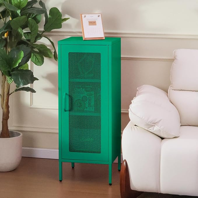 Slim Metal Storage Cabinet with Mesh Doors - 42'' Tall Narrow Organizer Tower, Compact Freestanding Cabinet, Versatile Utility Storage for Home, Office, Kitchen, Living Room, Durable and Modern Design