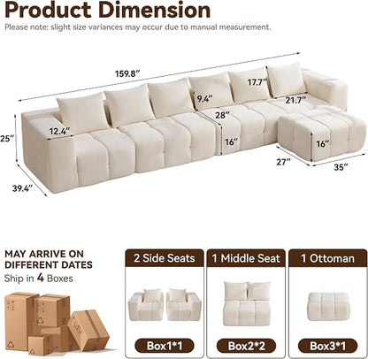 160" Boneless Couch, Oversized Cloud L Shaped Couch, Modular Sectional Sofa with Deep Seat, Modern 6 Seater Sectional Couches for Living Room Bedroom, Tufted Sofa, No Assembly Required, Beige