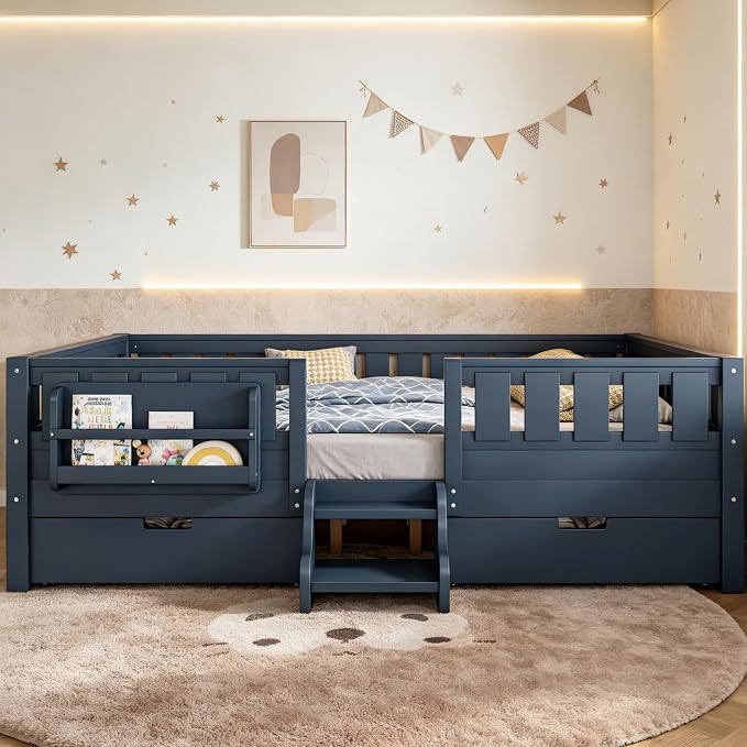 Bellemave Queen Bed with Storage Drawers & Bookshelf, Low Profile Kids Bed Frame with Staircase & Full Length Guardrails, Solid Wood Queen Bed for Kids with Slats Load 550LBS, Easy Assembly, Blue