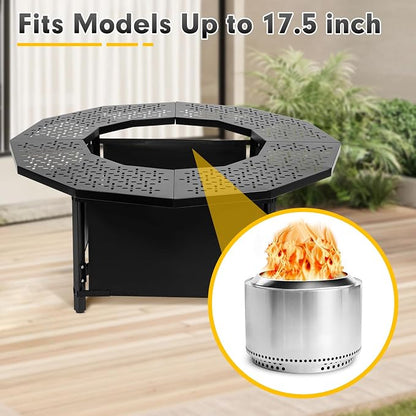 38 Inch Fire Pit Surround Tabletop for Solo Stove Bonfire up to 17.5" and Most Wood Burning Fire Pits, 18.4 in Inner, Coated Metal Outdoor Fire Pit Table with 360° Safety Barrier