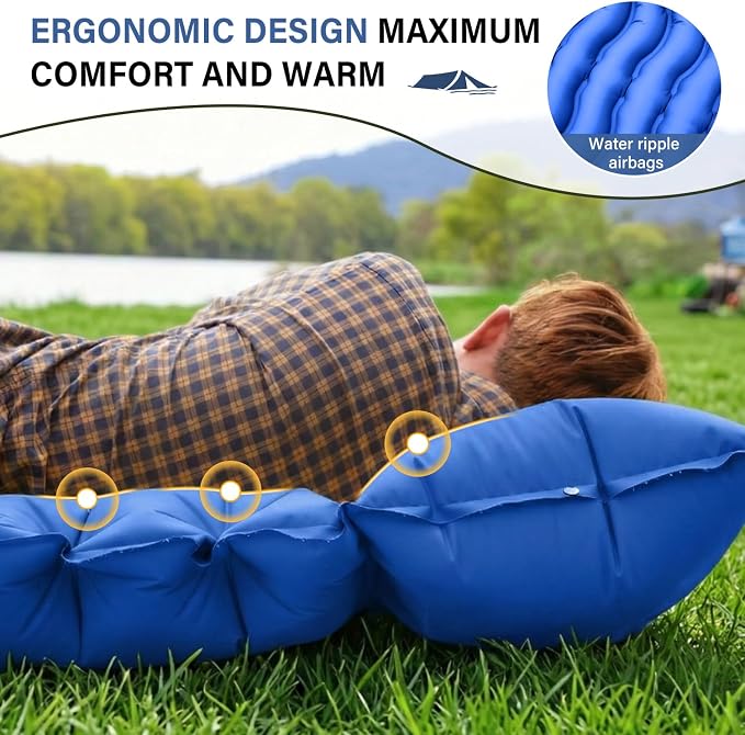 FUN PAC Camping Sleeping Pad with Pillow Built-in Foot Pump Inflatable Sleeping Mat Compact for Camping Backpacking Hiking Traveling - Blue