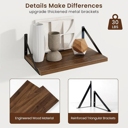 Axeman Deep Floating Shelves | 16 Inch Walnut Wall Shelves Set of 2 | 10 Inch Deep Wood Floating Shelves for Wall | 16" W x 10" D Walnut Shelves for Living Room Bathroom Kitchen
