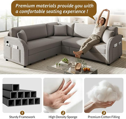 85.1" L-Shaped Pull Out Sofa Bed – Oversize Convertible Sleeper Couch with USB Ports & Side Storage, Teddy Upholstered Sectional for Living Room & Bedroom, Light Grey