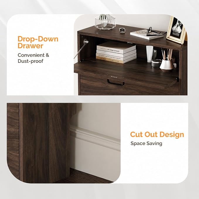 VINGLI Set of 2 Walnut Shoe Cabinet for Entryway, 2-Pack Ultra Slim Shoe Organizer with 2 Flip & 1 Drop-Down Drawers, 24.8" W Narrow Shoe Cabinet, Modern Walnut Wood Shoes Rack for Hallway
