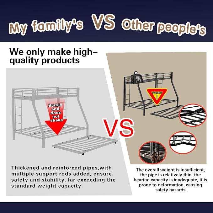 Metal Bunk Bed with Trundle, Space-Saving Bunk Bed Twin Over Full with Ladders and Safety Guardrail, Heavy Duty Twin Bed Frames, No Box Spring Needed and Noise Free(White)
