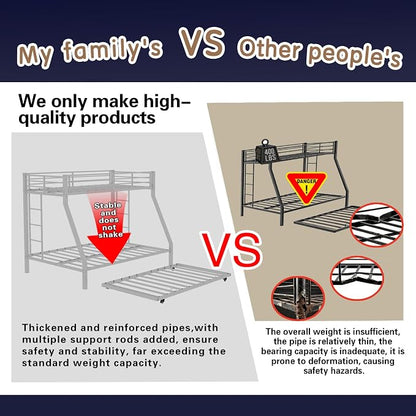 Metal Bunk Bed with Trundle, Space-Saving Bunk Bed Twin Over Full with Ladders and Safety Guardrail, Heavy Duty Twin Bed Frames, No Box Spring Needed and Noise Free(White)