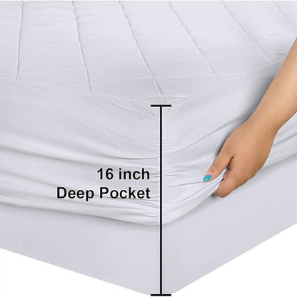 Quilted Fitted Mattress Pad, King Mattress Protector Topper with Deep Pocket Stretches up to 16 Inches, Machine Washable Mattress Cover by Utopia Bedding (White)