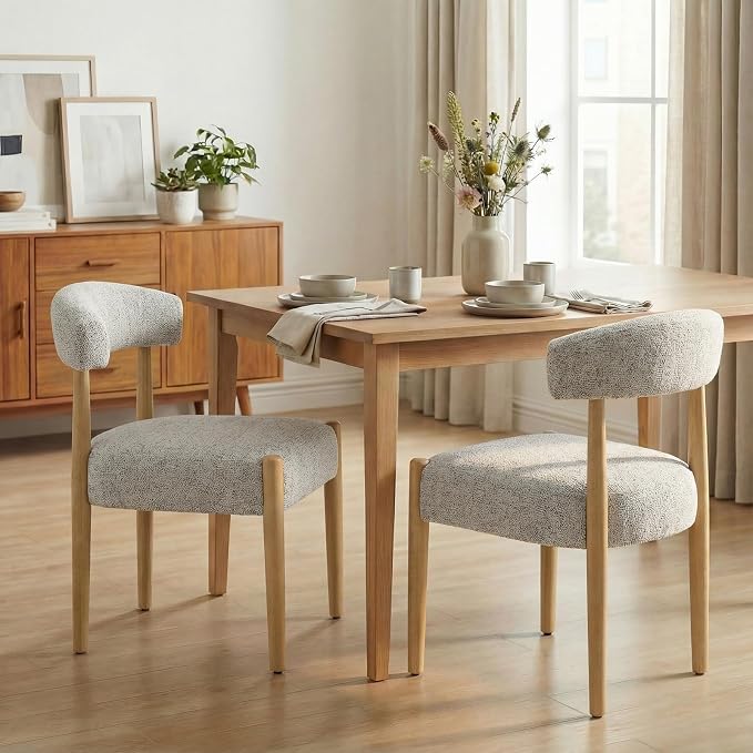 VKNOW Wooden Dining Chairs Set of 6, Modern Upholstered Dining Room Chairs with Rubberwood Legs and Curved Backrest, Fabric Kitchen Chairs for Living Room/Dining Room, Heathered Off-White