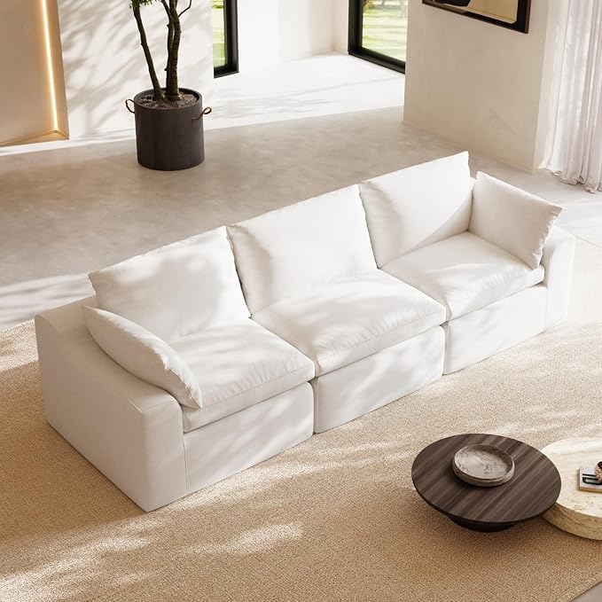 Novilla 104.3" Modular Cloud Couch, Modern Sectional Sofa with Smarts Coil® Support, Chenille Fabric, Upholstered Couch for Living Room Apartments Bedroom, No Assembly, 3 Seater, White