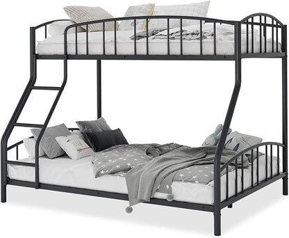 GarveeHome Metal Bunk Bed Twin Over Full, Heavy Duty Bunkbeds Frame with Arched Guardrail and Safety Ladder, Sturdy Steel Bed for Kids Boys Girls, Space-Saving, No Box Spring Needed, Black