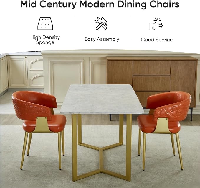 Atoll Modern Accent Dining Chairs Set of 4 with Upholstered PU Leather Seat & Curved Back, Metal Legs, Mid-Century Kitchen Chair for Dining Room, Living Room or Office (4, Orange)