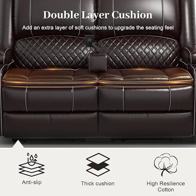 Yolsali Loveseat Recliner Sofa, Manual Wall Hugger Reclining Loveseat with Removable Armrest, 2-Tier Cushions, USB Ports & Cup Holders, PU Leather RV Couch for Travel Trailers/Living Room, Brown