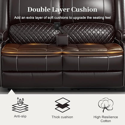 Yolsali Loveseat Recliner Sofa, Manual Wall Hugger Reclining Loveseat with Removable Armrest, 2-Tier Cushions, USB Ports & Cup Holders, PU Leather RV Couch for Travel Trailers/Living Room, Brown